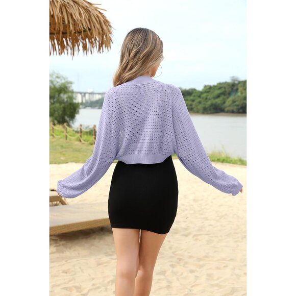Women's Light Purple Cotton Blend Crop Cardigan Bolero Sweater for Summer - Picture 2 of 6